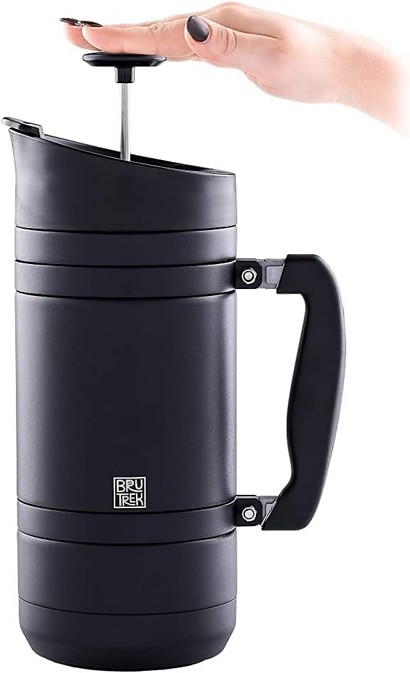 BruTrek® by Planetary Design BaseCamp Coffee Press - Double Wall Insulated Stainless Steel - Bru-Stop Technology, No Grounds in Coffee, No Spill Lid (Obsidian, 48 fl.oz)