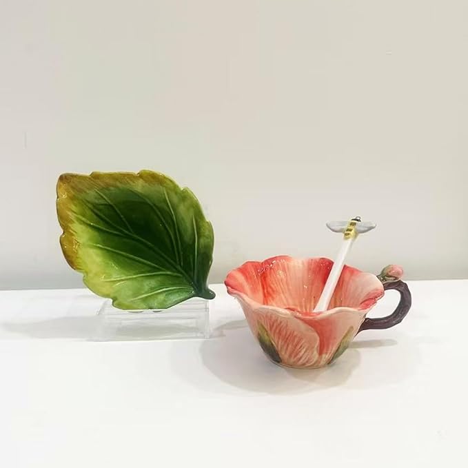 Ceramic Pansy Coffee Cup and Saucer Set with Spoon，6OZ 3D Hand-Painted Flower Tea Mug，Gift for Women (Red)