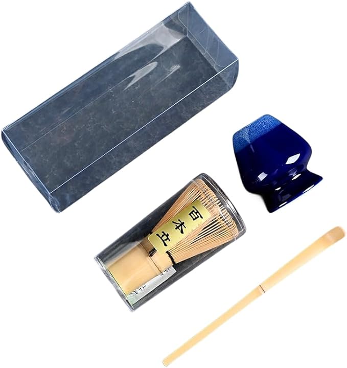 Japanese Matcha Tea Set, Bamboo Whisk (Chasen) + Matcha Scoop (Chashaku)+Ceramic Whisk Holder,fit for Japanese Tea Matcha Tea,Matcha Latte Accessories (E)