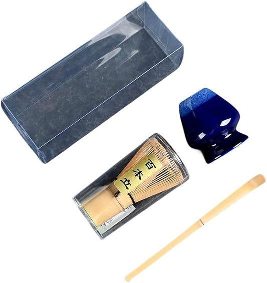 Japanese Matcha Tea Set, Bamboo Whisk (Chasen) + Matcha Scoop (Chashaku)+Ceramic Whisk Holder,fit for Japanese Tea Matcha Tea,Matcha Latte Accessories (E)