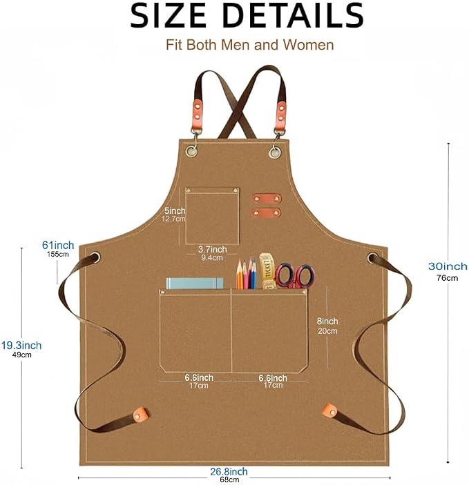 Aprons for Men Women with 3 Pockets, 16oz Cotton Canvas Chef Apron | Crossback Heavy Duty Kitchen Apron for Cooking, Durable Work Apron for Grilling, Baking, Hairstylist, Bartender, Barista, Art - Image 6