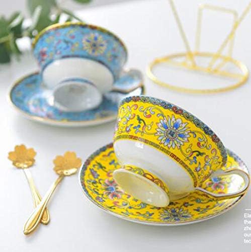 Cup& Saucer Set Bone China Tea Coffee Cup for Breakfast Afternoon Tea- Classic Enamel Patterns (Yellow)