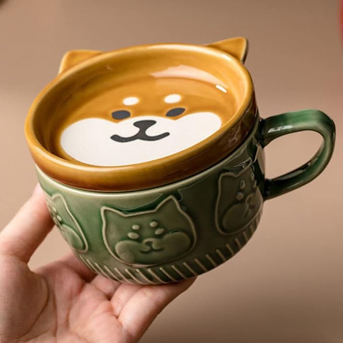 BigNoseDeer Cute Kawaii Dog Mug,Dog Coffee Mugs with Lids,Novelty Animal Coffee Ceramic Tea Cup Dessert Saucer Set,Christmas Birthday Presents for Girls Friend Kids,Dog Lovers Gifts for Women