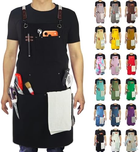 Kitchen Apron, Work Apron, Canvas, Multiple Pockets, Gardening, Painting, BBQ, Artist, Carpenter, Sizes M to XXL, Black | Multiple Pockets, Gardening, Painting, BBQ, Artist, Carpenter, Sizes M to XXL by Stenffy