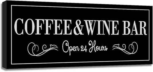 WOWGOOMO Coffee and Wine Bar Signs Decor, Classic Kitchen Wine Cabinet Decorative Signs & Plaques, Black Bar Accessories, 6x17 Inches