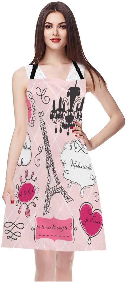 Wondertify Doodle Frames in French Style Apron,Paris Glamorous Eiffel Tower Lovely Element Pink Bib Apron with Adjustable Neck for Men Women,Suitable for Kitchen Cooking Chef Grill Bistro Baking Apron
