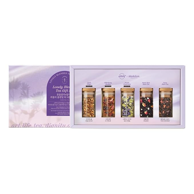 KKOKDAM Lovely Blending Tea Gift Set – Premium 5-Flavor Tea Sampler (3 Herbal & 2 Black Tea Blends) – Loose Leaf Tea Variety Pack in Glass Jars – Unique Korean Gift Box for Women, Mom & Tea Lovers