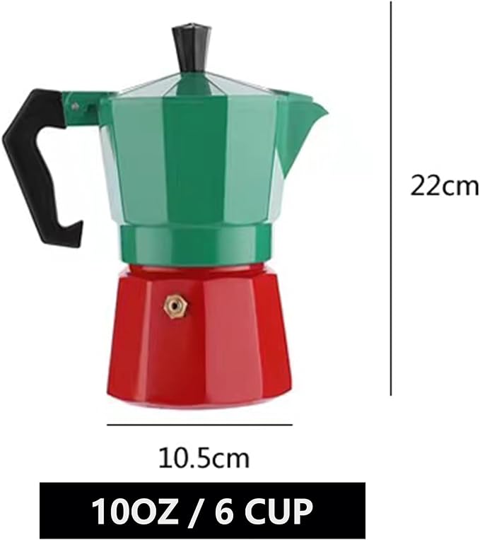 Coffee Pot, Moka Pot Italian Coffee Maker 6 cup/10 OZ Stovetop Espresso Maker for Gas or Electric Ceramic Stovetop Camping Manual Cuban Coffee Percolator for Cappuccino or Latte- Green+Red