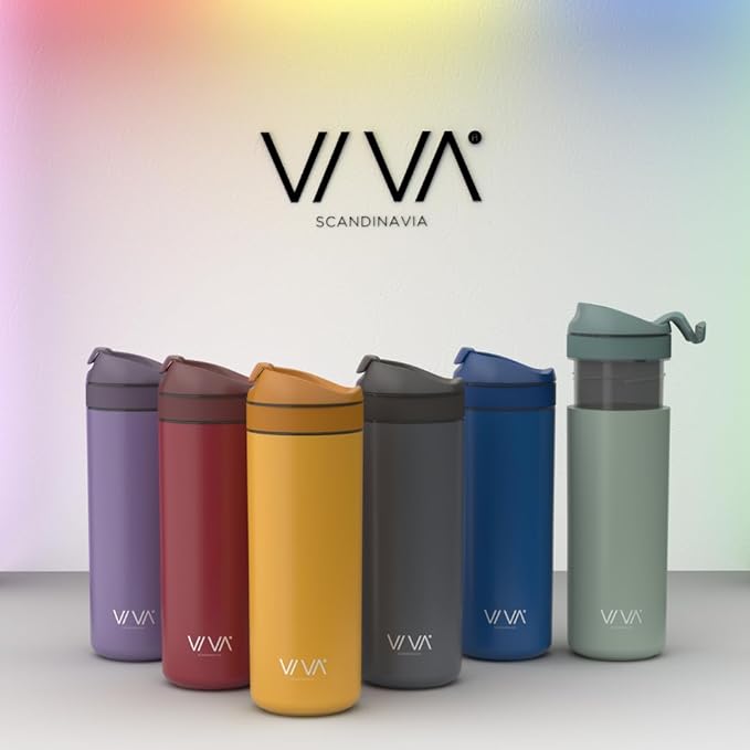 VIVA Recharge Grey Insulated Tea & Coffee Mug & Travel French Press Coffee Maker, 16 oz, Brew & Drink From the Same Coffee Mug On the Go or Camping