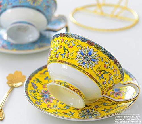 Cup& Saucer Set Bone China Tea Coffee Cup for Breakfast Afternoon Tea- Classic Enamel Patterns (Yellow)