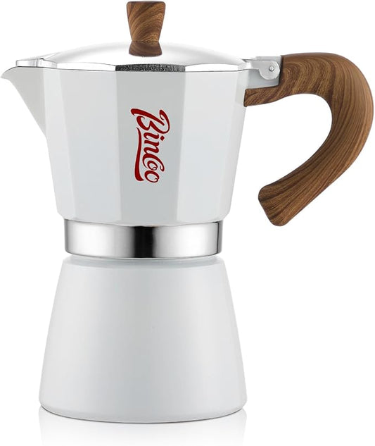 Bincoo Espresso Maker Stovetop, Moka Pot 6 Cups, Espresso Pot Classic Italian Coffee Maker,Single Safety Valve (White, 6 Cup)
