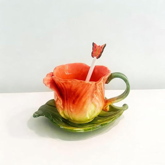 Ceramic Tea Cup and Saucer Set ，6OZ 3D Hand-Painted Flower Coffee Mug，Gift for Women -Orange Tulip