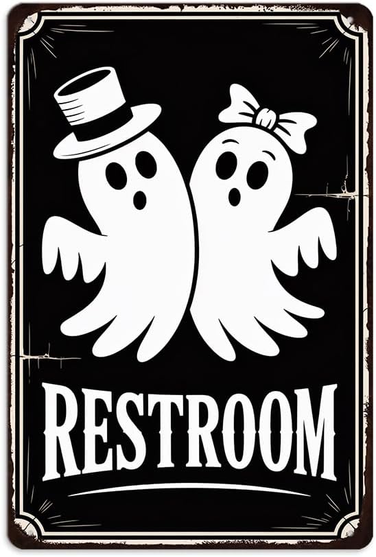 Vintage Halloween Ghost ''Restroom'' Metal Tin Sign - 8x12 Inch, Cute Ghost Bathroom Sign For Toilet, Cafe, Garage, Office Decor, Halloween Party Accessories, Halloween Decor by Unknown