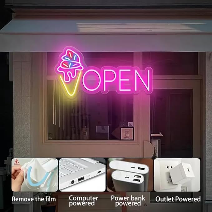 LED Neon Open Sign with Ice Cream Cone Design, USB Powered, Wall Hanging Plastic Neon Light, Switch Controlled, Multipurpose Room Decor, Business Signage for Ice Cream Trucks and Shops