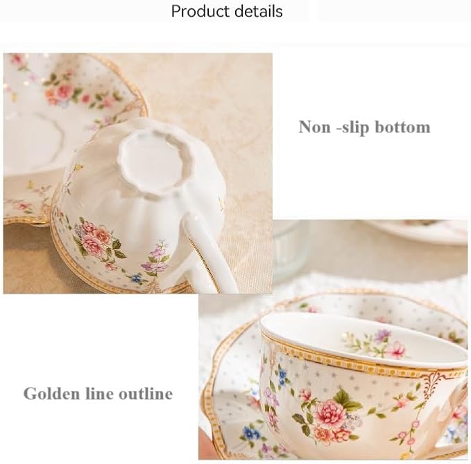6 oz Vintage flower Ceramic cup and 6" saucer set with Brand customized stainless steel spoon Gifts for Afternoon Tea Coffee Hour(C)