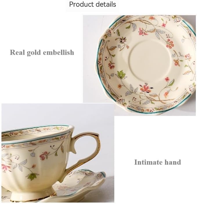 8 oz Vintage flower Ceramic cup and 6" saucer set with Brand customized stainless steel spoon Gifts for Afternoon Tea Coffee Hour (A)