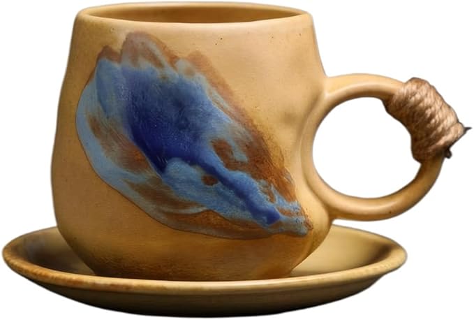 8oz Small Vintage Japanese Style Handmade Ceramic Tea Cup with Saucer , Lead-Free Cappuccino Mug, Artisanal Coffee Mug with saucer set,Handcrafted mug with handle, For Espresso, Latte(1, Light brown)