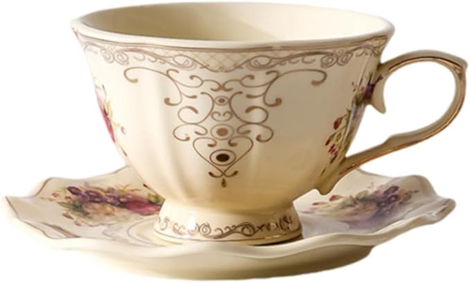8 oz Vintage flower Ceramic cup and 6" saucer set with Brand customized stainless steel spoon Gifts for Afternoon Tea Coffee Hour (F)