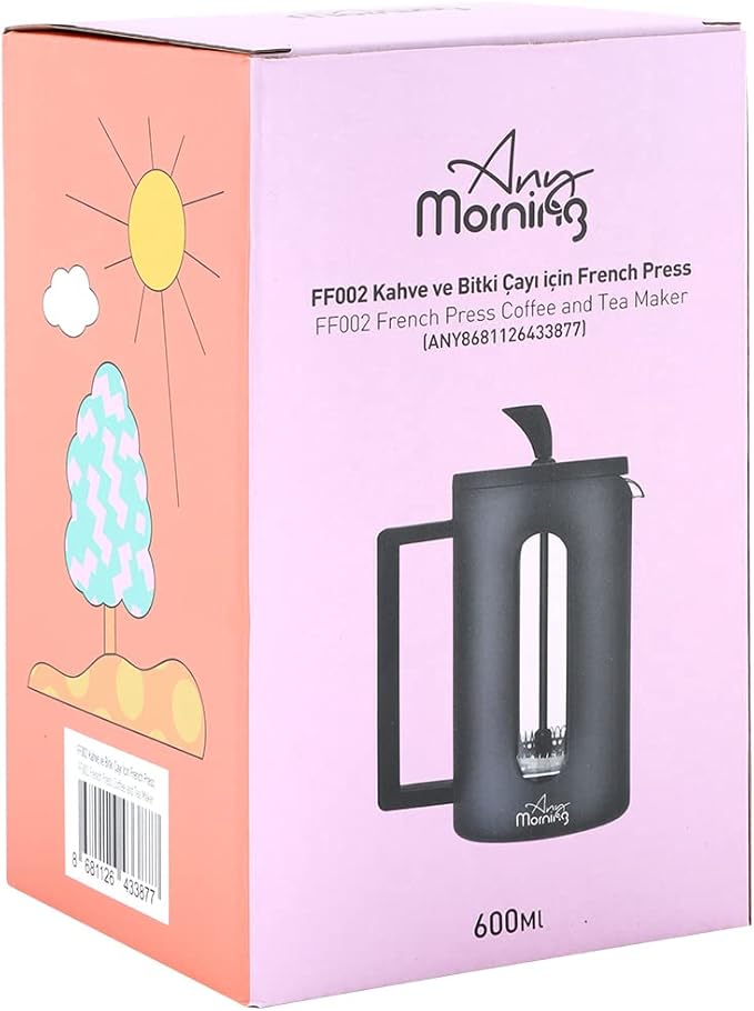 Any Morning Coffe Maker, Stainless Steel Borosilicate Glass French Press, Tea Press for Loose Tea, BPA Free, Heat Resistant Durable, Easy to Clean, 20 oz, Black