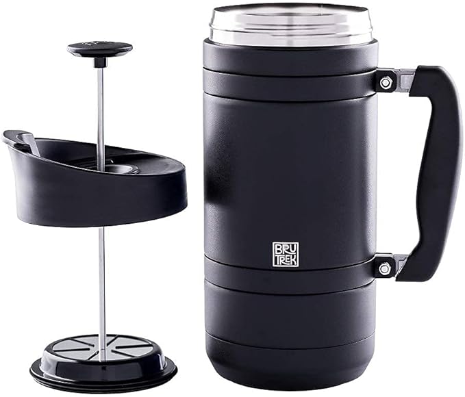 BruTrek® by Planetary Design BaseCamp Coffee Press - Double Wall Insulated Stainless Steel - Bru-Stop Technology, No Grounds in Coffee, No Spill Lid (Obsidian, 48 fl.oz)