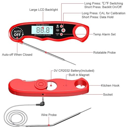 Meat Thermometer Digital, Instant Read Food Thermometer with Dual Probe, Backlight LCD Display, Calibration Function, Kitchen Accessories for BBQ Grill, Gift for Men Birthday, Dad & Mom