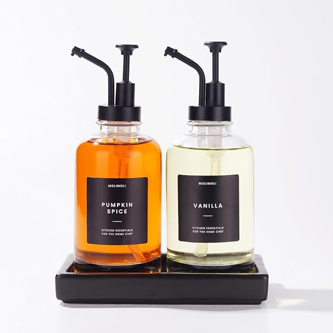 Molimoli Coffee Syrup Dispenser - Glass Bottle with Pump, Maple/Coffee Syrup, Labels and Tray by MoliMoli