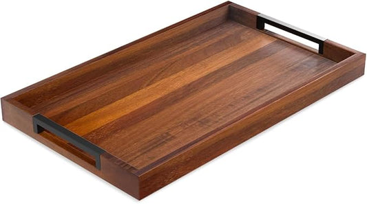 Acacia Wood Serving Tray with Handles, Large Wooden Ottoman & Coffee Table Tray 16.5"x12" with 2 Silicone Mats – Decorative Wooden Serving Tray for Breakfast in Bed, Kitchen, Bar & Home Décor