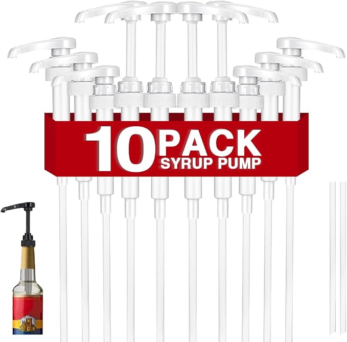 10 Pcs White Coffee Syrup Pump Dispenser, Compatible with 25.4 Oz/750ml Bottles, Great for Home & Coffee Bar Drinking Mixes, Tea, Beverage, Cocktails, Plus Spoons by DupakSYS