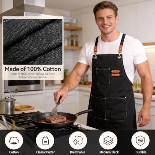 Chef Aprons for Men Women with Large Pockets Heavy Duty Cotton Canvas Cross Back Apron - Image 2