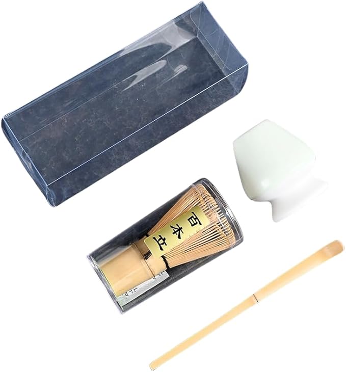 Japanese Matcha Tea Set, Bamboo Whisk (Chasen) + Matcha Scoop (Chashaku)+Ceramic Whisk Holder,fit for Japanese Tea Matcha Tea,Matcha Latte Accessories (O)