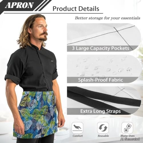 Server Apron with 3 Pockets 13 Inch Short Half Waist Aprons Waterproof Cooking Aprons for Women Men - Image 6