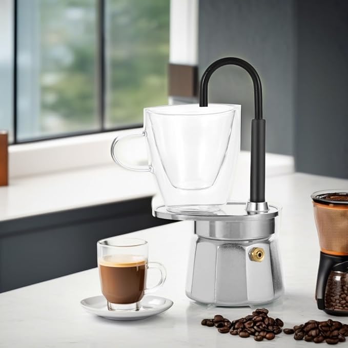 MVPLUE-Mini Express Swiss Single Tube Moka Pot Aluminum Silver，Moka Set includes One Double Wall 3oz Cup,Enjoy delicious coffee in no time