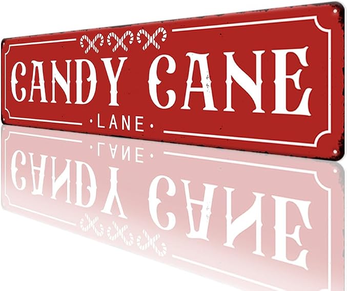 Red Candy Cane Lane Christmas Metal Sign Vintage Print Art Poster Tin Hanging Plaque for Home Kitchen Patio Yard Office Cafe Coffee Bar Front Door Wall Decor Novelty Gift 16" x 4" - Image 6
