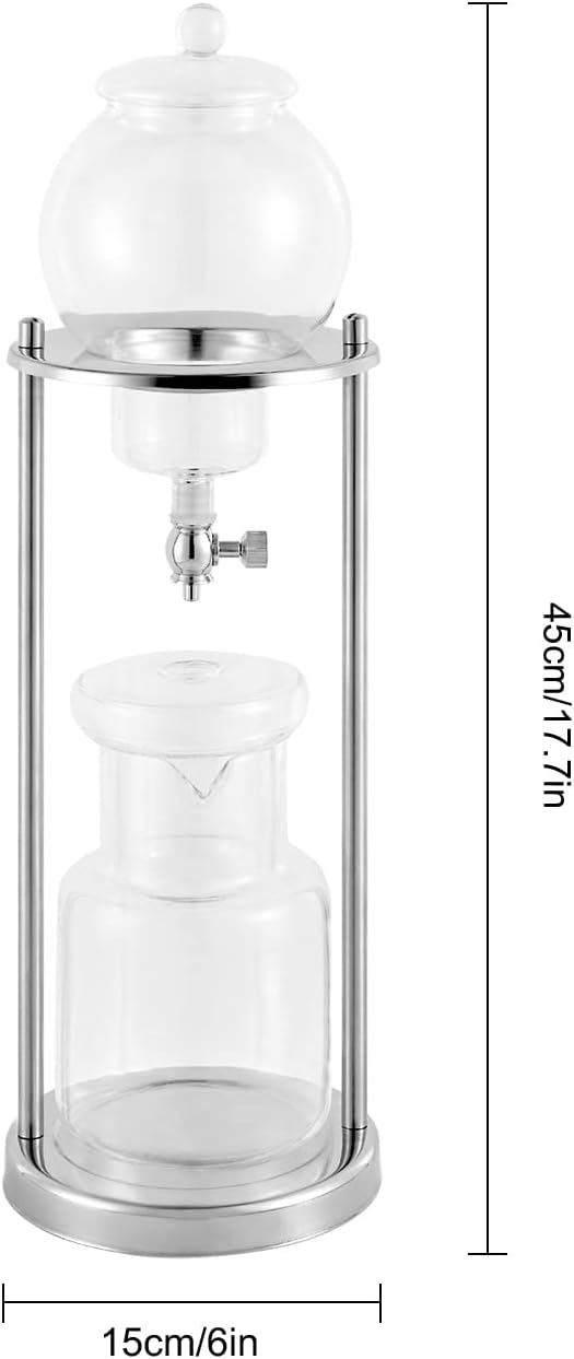 Ice Cold Brew Dripper Coffee Maker, 600Ml Ice Coffee Makers Cold Brew Machine Stainless Steel and Borosilicate Glass Copper Coffee Maker Extraction Approx 4h 2drops/S for 6-8 People (Silver)