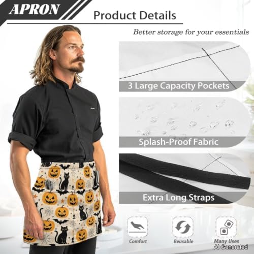 Server Apron with 3 Pockets 13 Inch Short Half Waist Aprons Waterproof Cooking Aprons for Women Men - Image 6