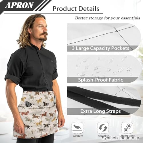 Server Apron with 3 Pockets 13 Inch Short Half Waist Aprons Waterproof Cooking Aprons for Women Men - Image 6