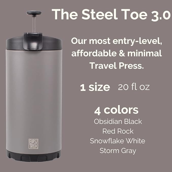 BruTrek® by Planetary Design Steel Toe 3.0 Travel Coffee Press - Brew 20 fl.oz On The Go - No Spill Lid, Double Wall Vacuum Insulated Stays Hot for Hours, French Press Coffee (Snowflake White)