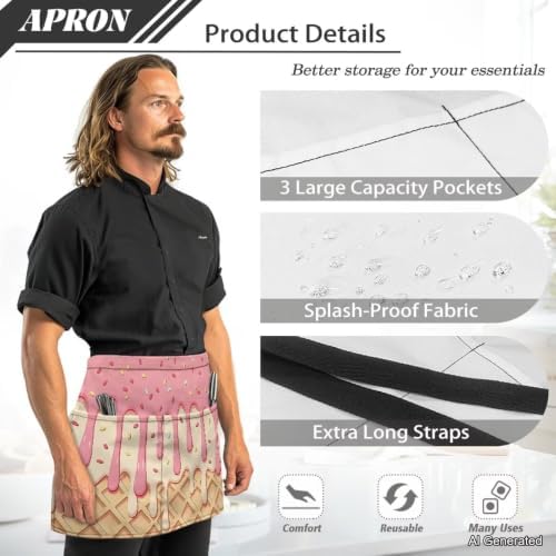 Server Apron with 3 Pockets 13 Inch Short Half Waist Aprons Waterproof Cooking Aprons for Women Men - Image 6