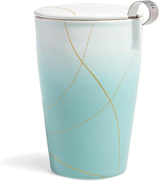 Tea Forte Double-Walled Ceramic Kati Cup, Removable Stainless Steel Infuser Basket and Lid, Steeps 12 oz Loose Leaf Tea, Dishwasher & Microwave Safe, Wellbeing