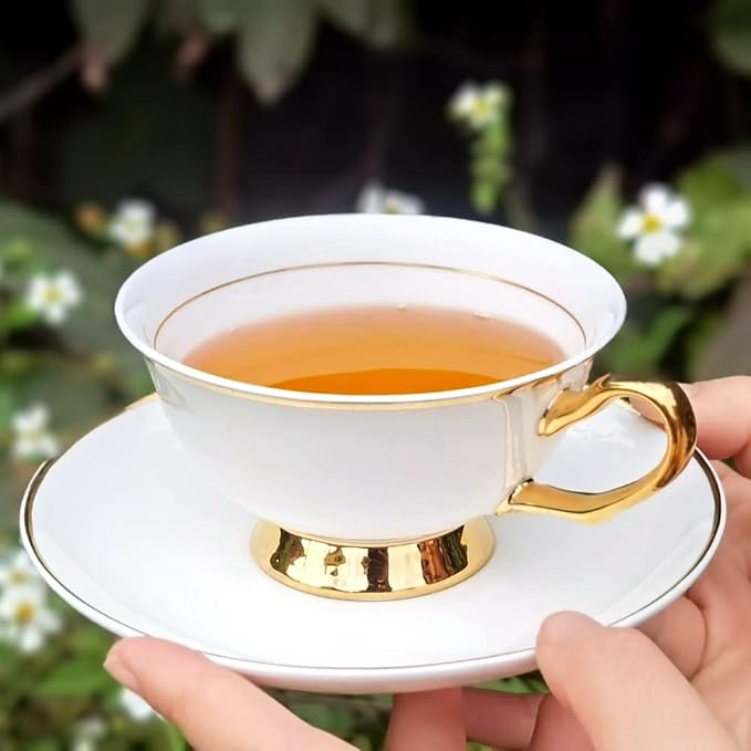 British Coffee Cup with Saucer and Spoon for Latte Americano Cups with Saucer Porcelain Tea Cups, Cups and Saucers with Gold platted rims and Handles