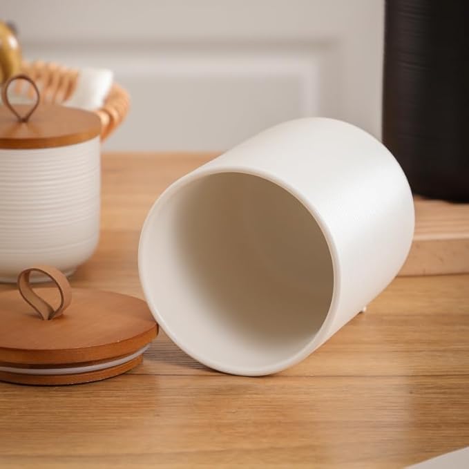 Food Storage Jar Strong Ceramic Storage Canisters with Airtight Wooden Lid,Kitchen Storage Containers for Serving Coffee Beans, Tea, Sugar, Salt, Spices (Big white 44 oz)