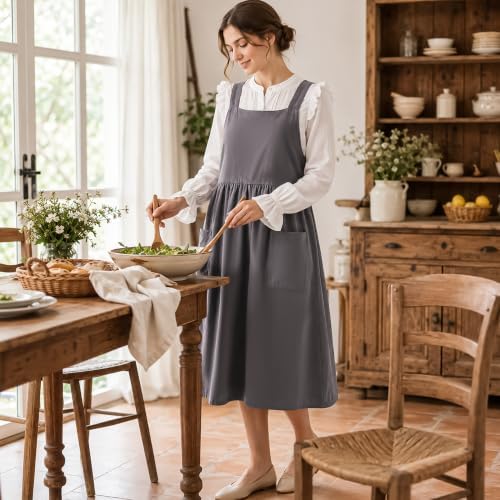 Uaussi Cotton Linen Apron Cross Back Work Apron for Women with Pockets Pinafore Dress X Cross Halter Apron for Chef Gardening - Image 6