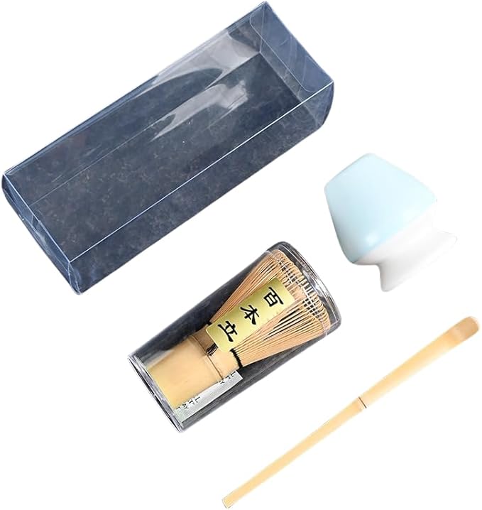 Japanese Matcha Tea Set, Bamboo Whisk (Chasen) + Matcha Scoop (Chashaku)+Ceramic Whisk Holder,fit for Japanese Tea Matcha Tea,Matcha Latte Accessories (P)
