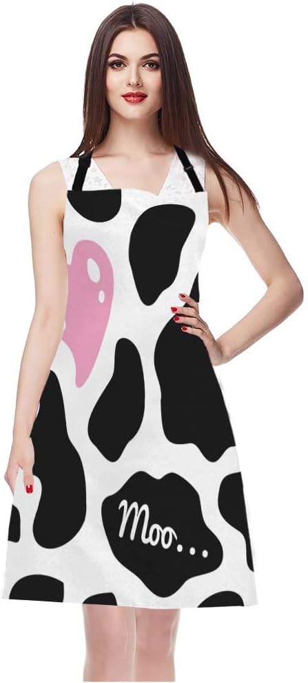 WONDERTIFY Heart Apron,Pink Heart on The Black and White Cow Skin Pattern Background Bib Apron with Adjustable Neck for Men Women,Suitable for Home Kitchen Cooking Waitress Chef Grill Bistro Apron