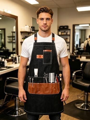 Denim Apron with Big Pockets Adjustable Cooking Apron Jean for Hair Stylist Gardening Craftsmen Barista Hairdresser - Image 6