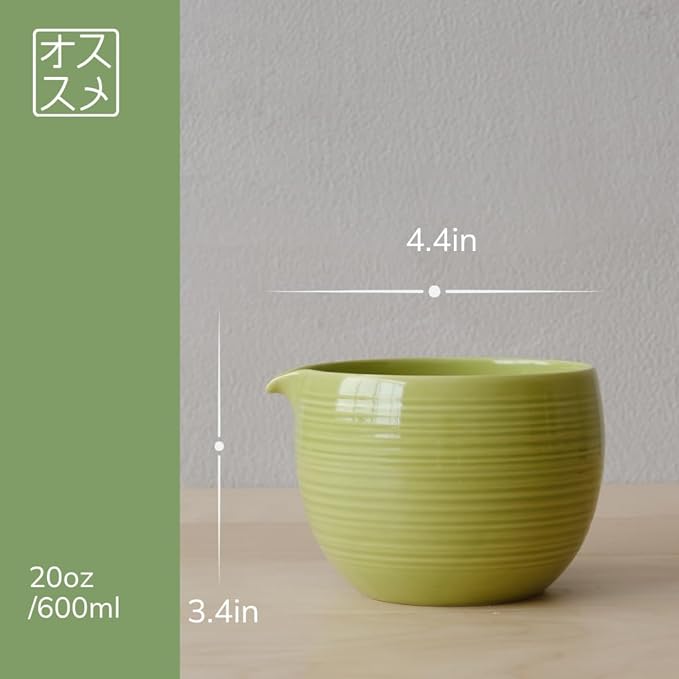 Matcha Whisk Set, Ceramic Matcha Bowl & Whisk Holder, Bamboo Accessory, Modern Design (Matte Crème, Pouring Spout) (Avocado Green)