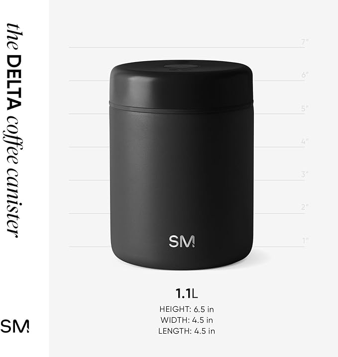 Simple Modern Delta Coffee Canister | Airtight Vacuum Seal with Auto-Reseal Technology | Ceramic Lined Stainless Steel Container for Coffee Grounds, Beans, Tea | 1.1L, Midnight Black