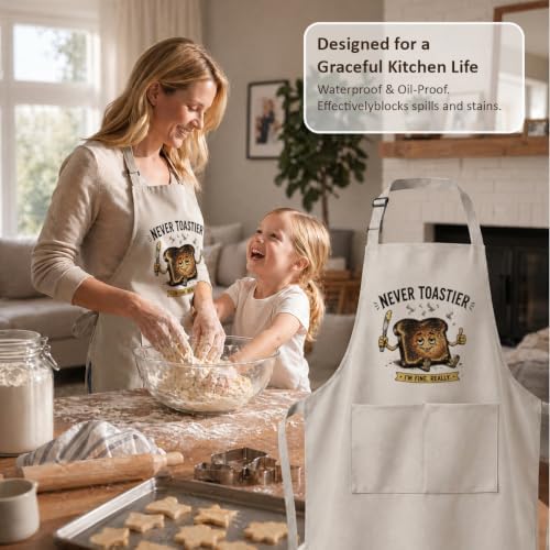 Never Toastier Funny Cooking Apron for Women Men, Kitchen Gift | Burnt toast artwork and a witty quote bring playful humor to cooking, baking, grilling, and everyday kitchen routines - Image 3