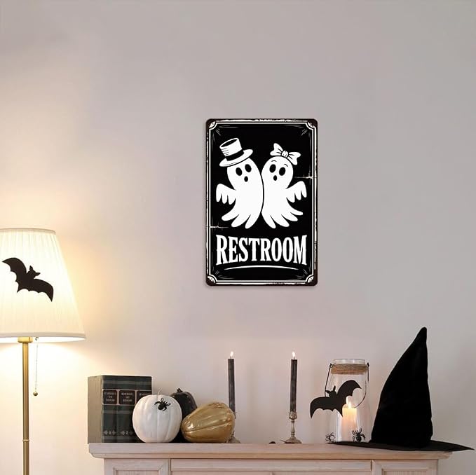Vintage Halloween Ghost ''Restroom'' Metal Tin Sign - 8x12 Inch, Cute Ghost Bathroom Sign For Toilet, Cafe, Garage, Office Decor, Halloween Party Accessories, Halloween Decor - Image 6
