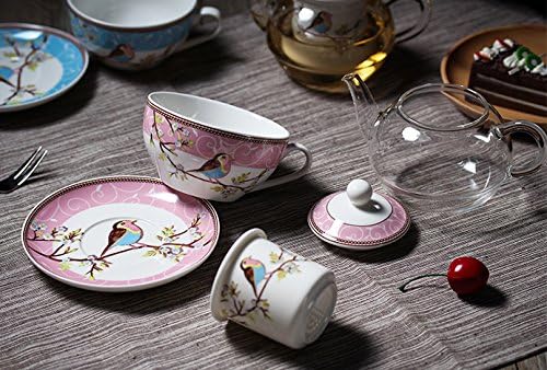 Jusalpha Glass Teapot with a Fine China Infuser Strainer, Cup and Saucer Set,Teapot and Teacup for One, Tea for one #05 (Pink)
